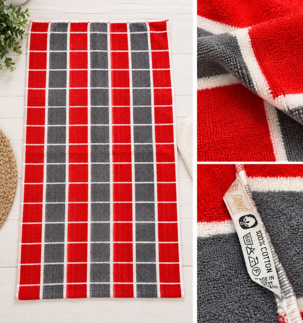 HF J’aime Made in Germany Red Gray White Checkered Terry Towel Vintage 1980s